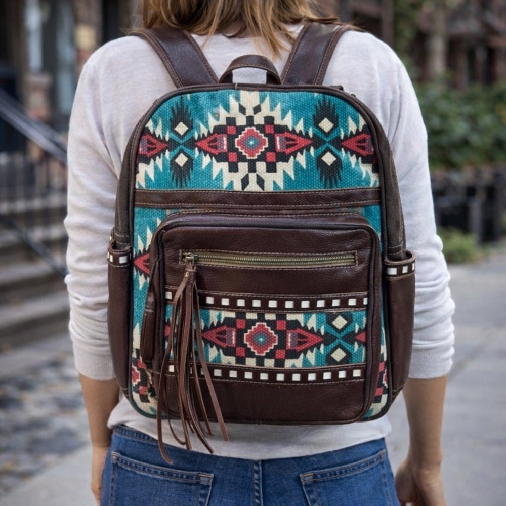 Myra Tribe of the Sun Concealed Carry Backpack Western Aztec Canvas Leather